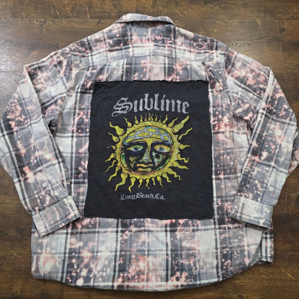 Sublime Custom Bleach Washed Flannel Shirt Mens XL Sun Graphic Patch Distressed